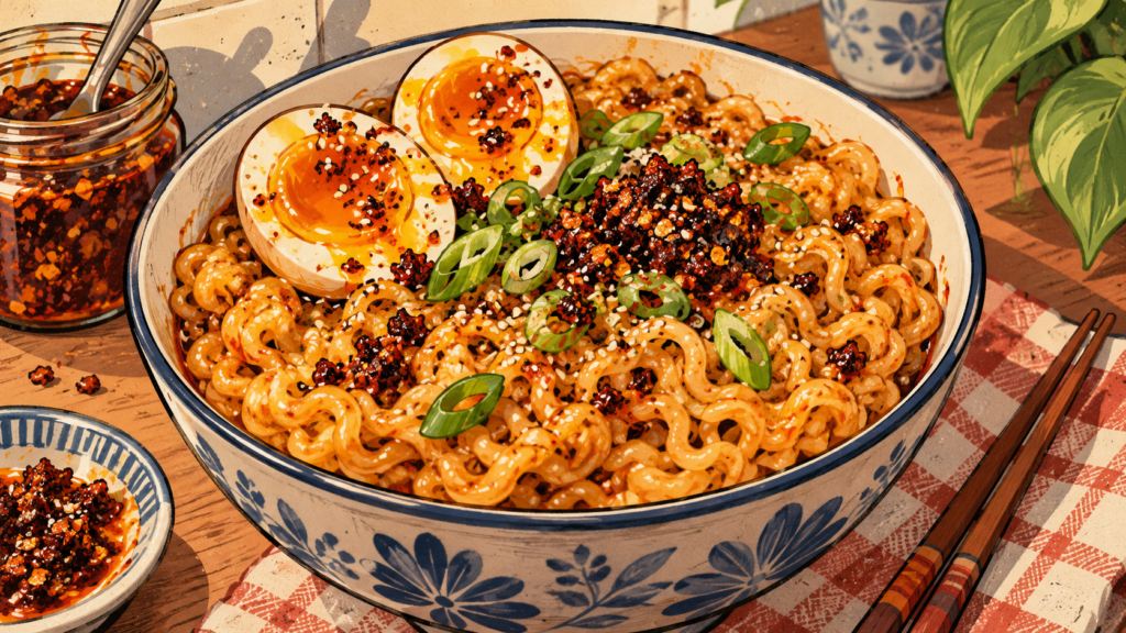 A bowl of spicy ramen noodles topped with soft-boiled eggs, sliced green onions, chili oil, and seasonings sits on a checkered cloth with chopsticks, a jar of chili oil, and a plant nearby.