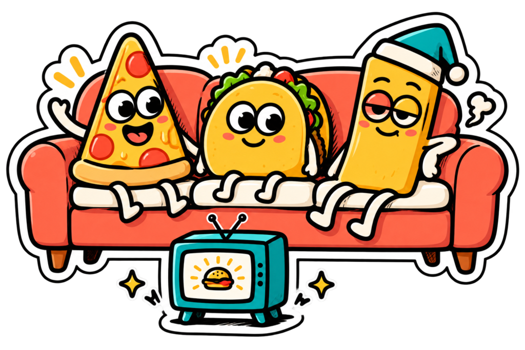 Cartoon pizza, taco, and sleepy fry characters relaxing on a coral couch watching a burger on TV