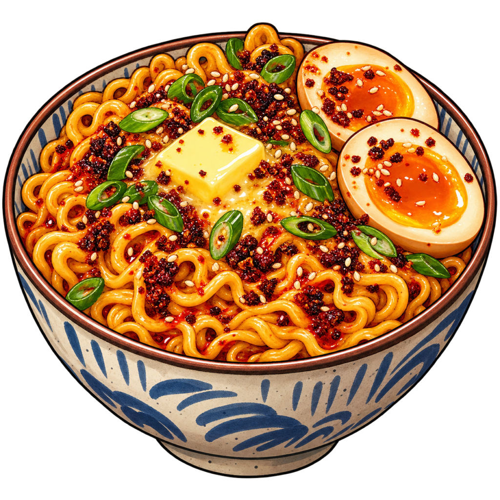 A bowl of ramen noodles topped with sliced green onions, halved soft-boiled eggs, a pat of butter, chili oil, and sesame seeds, served in a decorative blue and white bowl.