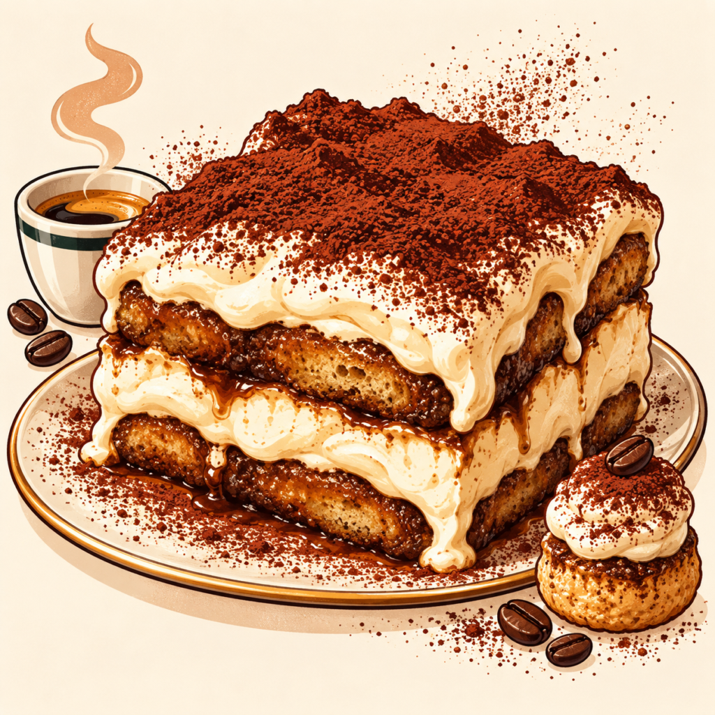 A slice of tiramisu with creamy layers and cocoa powder sits on a plate next to a cup of coffee and a small pastry topped with cream and coffee beans.