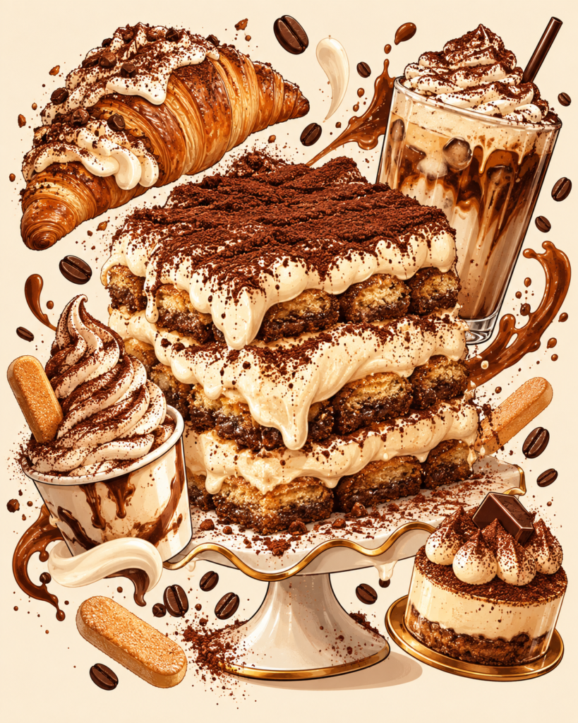 An array of tiramisu-themed desserts, including a layered tiramisu cake, tiramisu ice cream, a croissant, a parfait, and an iced coffee, all garnished with cocoa powder and coffee beans.