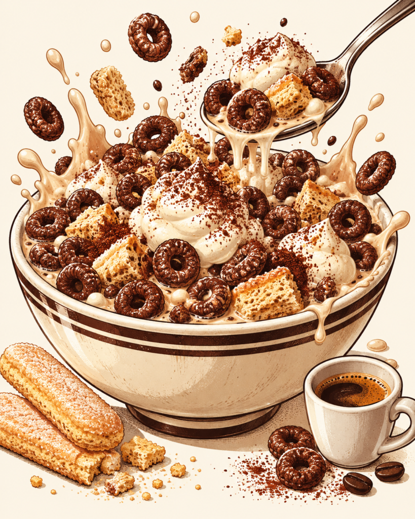 A bowl of cereal with whipped cream, chocolate rings, and croutons splashing, with a spoon above, ladyfingers beside the bowl, and a small cup of espresso nearby.