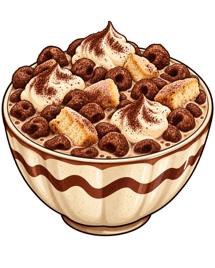A bowl filled with chocolate cereal balls, cake pieces, and whipped cream, topped with cocoa powder, in a cream-colored bowl with brown wave patterns.