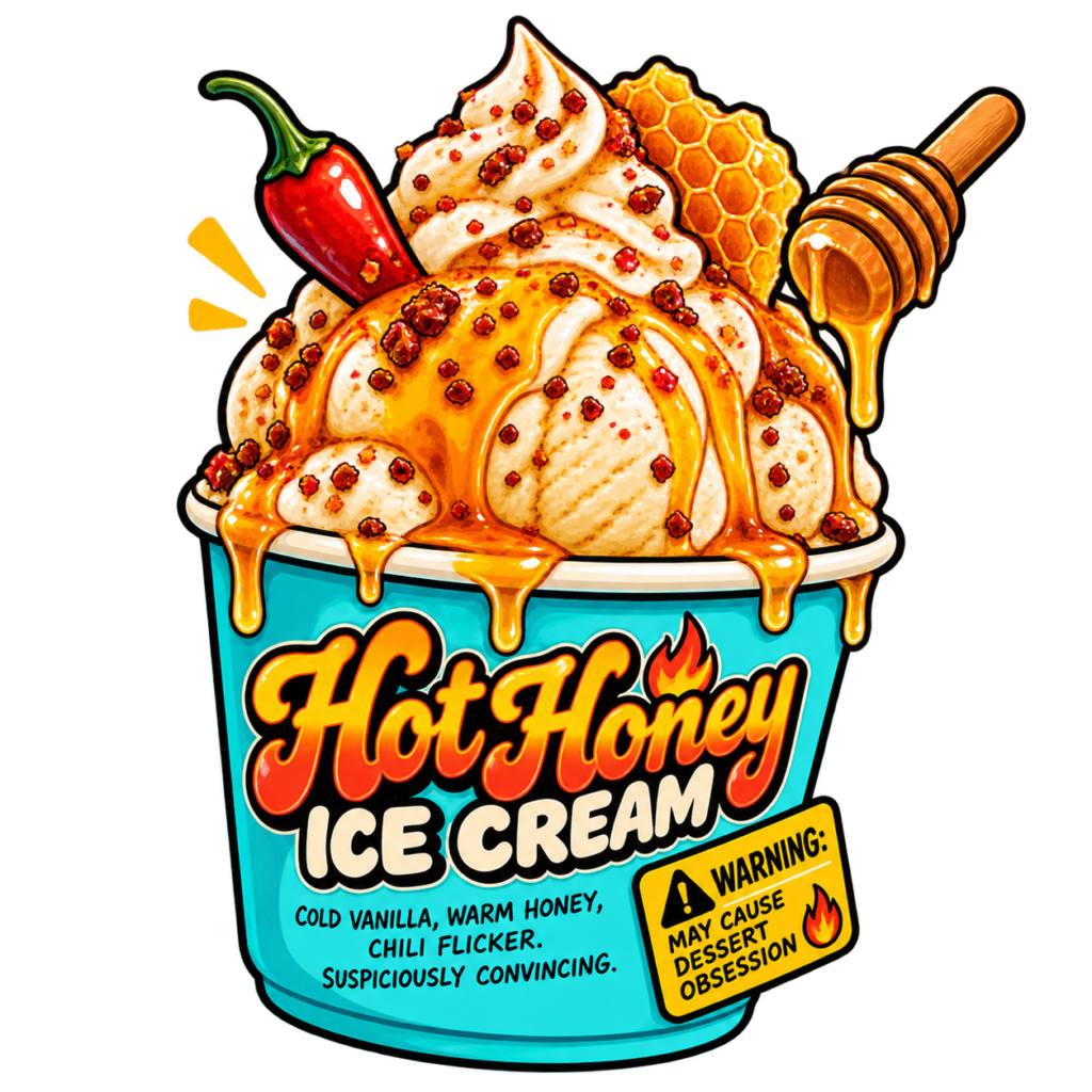 A cup of ice cream topped with honey, chili flakes, a red chili, and honeycomb, labeled Hot Honey Ice Cream with a warning about potential dessert obsession. Honey drips from a dipper above.