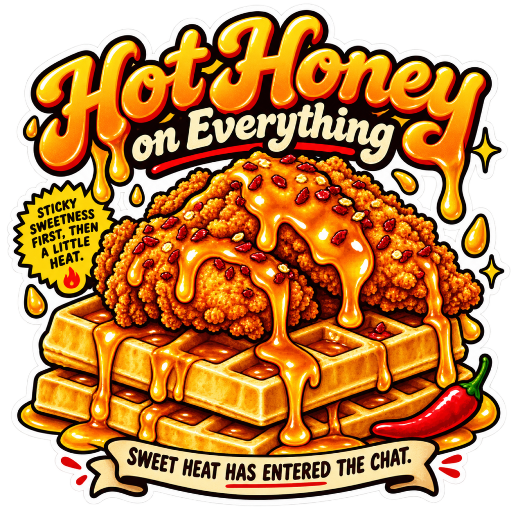 Fried chicken on waffles drenched in hot honey, with a chili pepper and honey drips. Text says Hot Honey on Everything, Sticky sweetness first, then a little heat, and Sweet heat has entered the chat..
