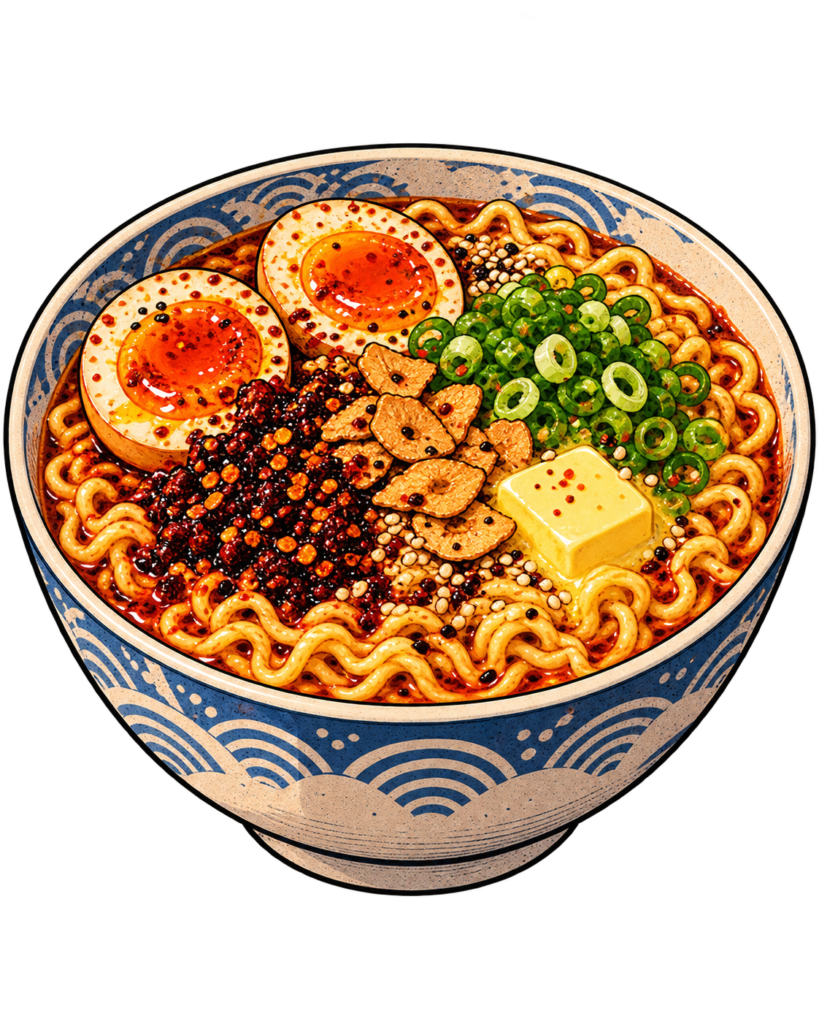 A bowl of ramen topped with sliced boiled eggs, green onions, garlic chips, chili oil, pepper, and a pat of butter, all in a patterned blue and beige bowl.