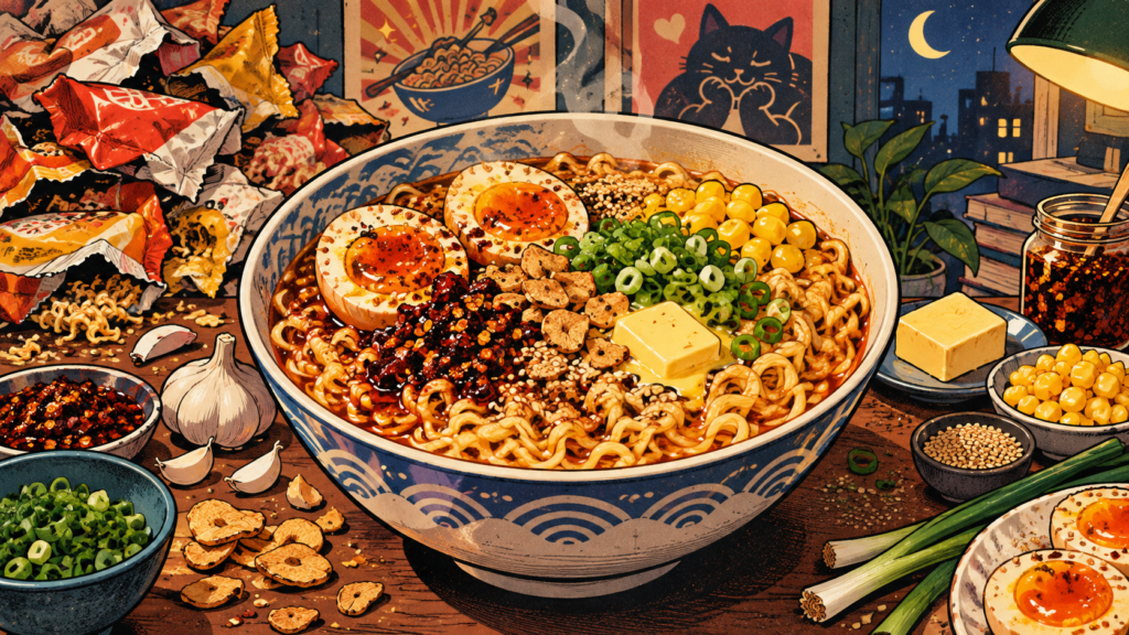 A bowl of ramen topped with eggs, corn, scallions, garlic, and butter sits on a table surrounded by snacks, condiments, garlic, and a cityscape window with a cat drawing in the background.