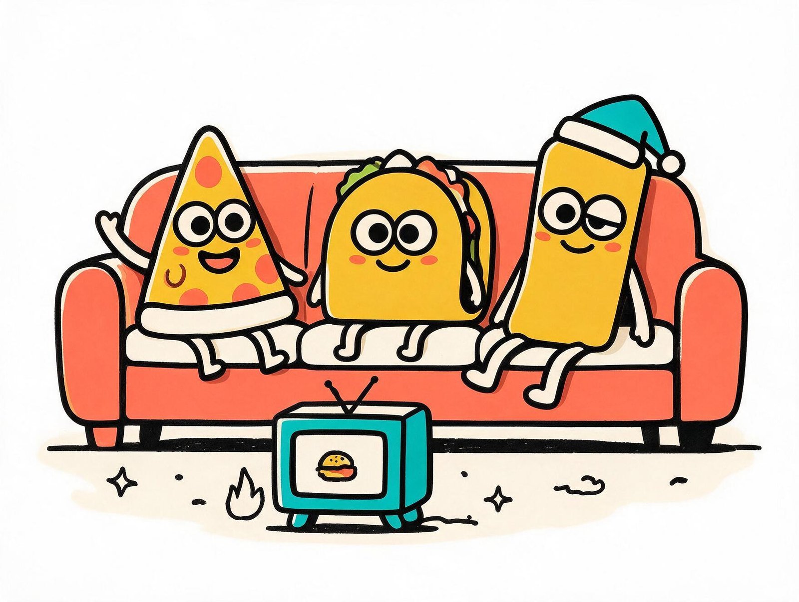 Foodoobie characters on a couch watching TV