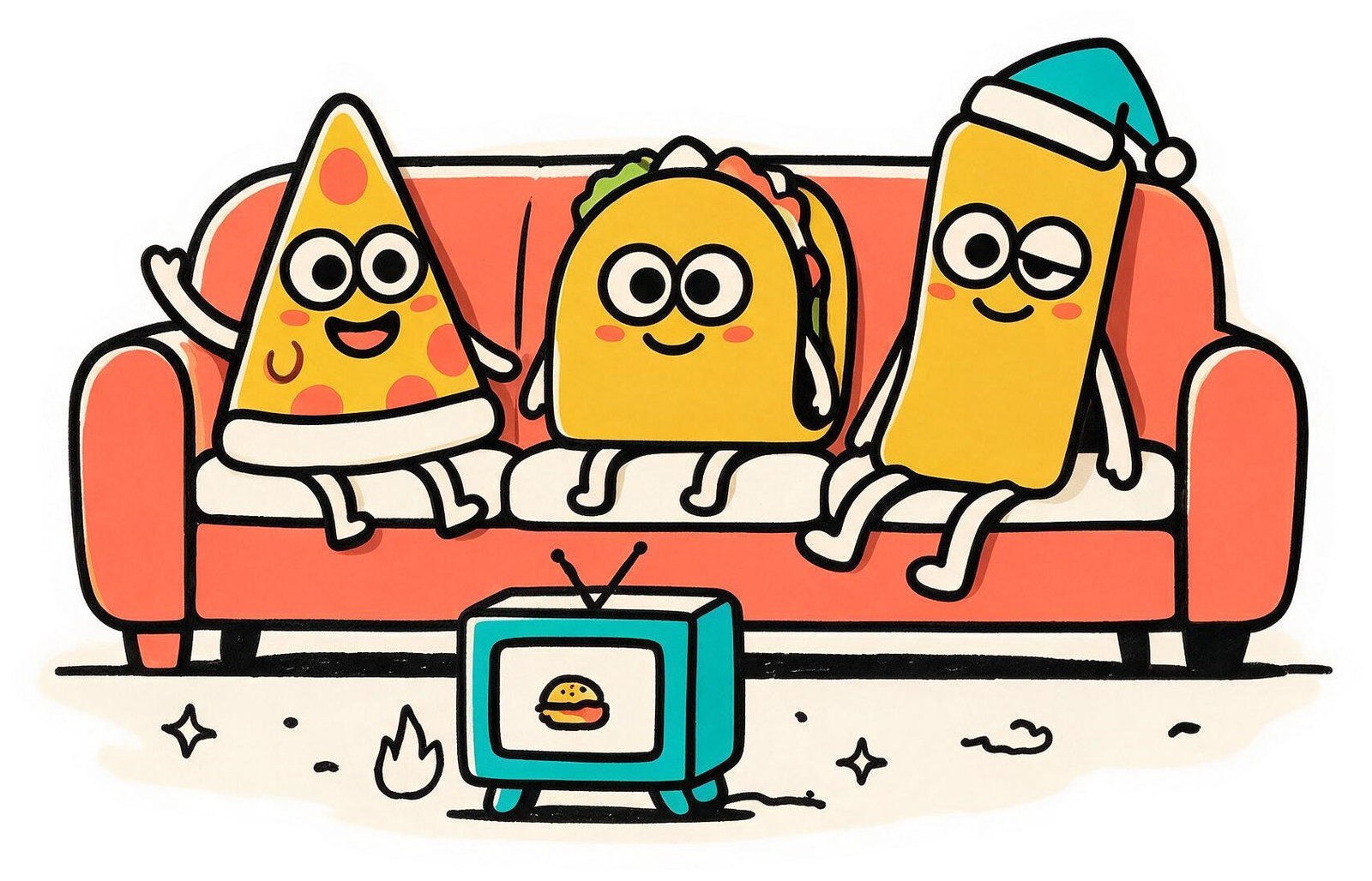 Cartoon pizza, taco, and sleepy fry characters relaxing on a coral couch watching a burger on TV
