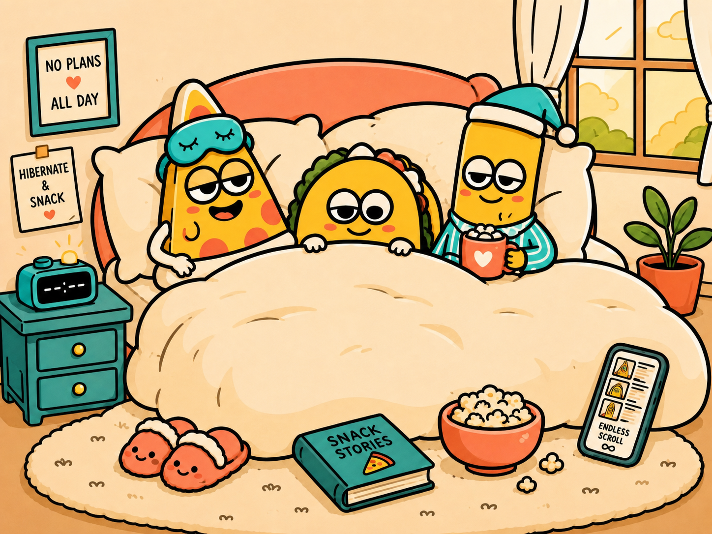Cozy nighttime illustration of pizza, taco and fry characters tucked into bed